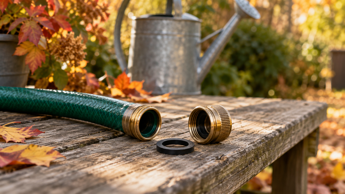 A garden hose coupling, detached connector and rubber washer on a garden bench.