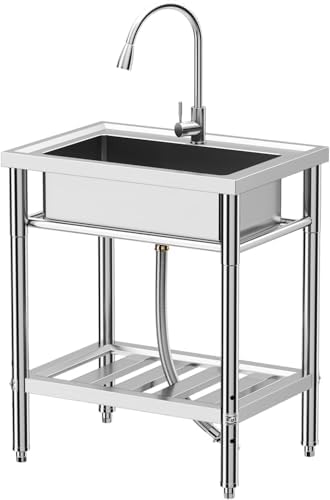 28"x20"x34" Stainless Steel Utility Sink, Freestanding Single Bowl with Hot & Cold Water Faucet, Commercial Kitchen Laundry Bathroom Garage Garden Sink - Image 7