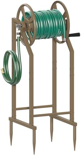 4-Spike Garden Hose Reel with 3.9ft Leader Hose & Stainless Fitting, Outdoor Hose Holder holds 125ft Hose of 5/8", Freestanding Metal Hose Stand for Outside Yard Lawn, Brown by Mokeyder