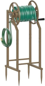 4-Spike Garden Hose Reel with 3.9ft Leader Hose & Stainless Fitting, Outdoor Hose Holder holds 125ft Hose of 5/8", Freestanding Metal Hose Stand for Outside Yard Lawn, Brown by Mokeyder