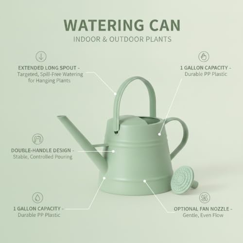 1 Gallon Plastic Watering Can with Long Spout & Dual Handles for Indoor Plants, Hanging Baskets - White, Yellow, Green, Gray - Image 4
