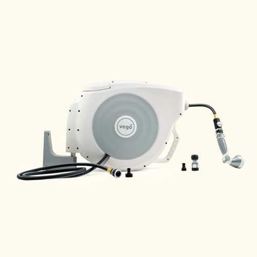 Garden Hose Reel Retractable 1/2" x 130ft Wall Mounted Hose Reel Automatic Rewind, Any Length Lock with 9 Patterns Sprayer Nozzle, Quick Connector and Adjustable shot Nozzle- Cloud White - Image 2