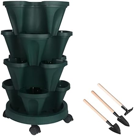 DUNCHATY Stackable Planter, Vertical Garden Planter with Wheels and Tools, Self Watering Strawberry Planter Indoor/Outdoor 3 Tier Herb Planter Pots for Growing Vegetables and Succulents,Pine Green by DUNCHATY