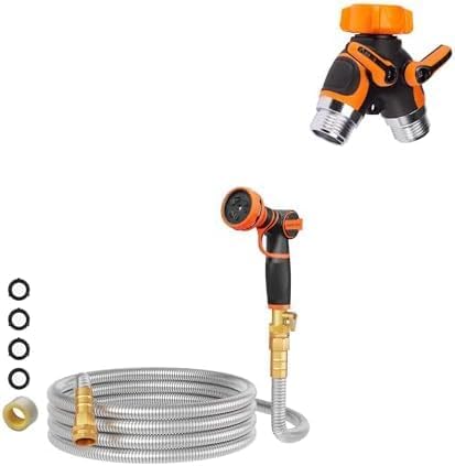 Giraffe Tools Garden Hose 25ft x 5/8", 304 Stainless Steel Metal Water Hose and 2-Way Garden Hose Splitter with Shut-Off Valves by GiraffeTools