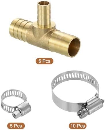 uxcell 5pcs Brass Tee Barb Fittings, 3-Ways Tee 3/4" x 1/2" x 3/4" Barbed Hose Reducer, Tee Brass Barb Fitting Reducer with 15pcs Hose Clamps for Water Fuel Air - Image 3