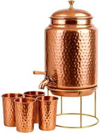 Pure Copper Hammered Water Dispenser Storage Water Tank withTap and set of 4 Copper Glass and Stand | Water Pot | Cooper Water Storage Tank | 6.5 Ltr Capacity | 218 Oz by Unknown