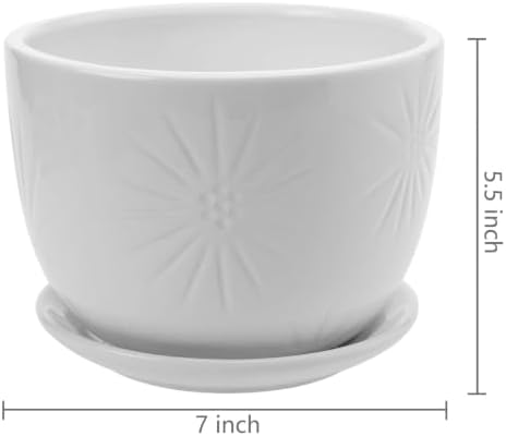 MyGift 7 Inch Round White Ceramic Plant Pot with Drainage Hole and Attached Saucer, Modern Decorative Embossed Sunburst Planter Container for Indoor Home Garden - Image 5