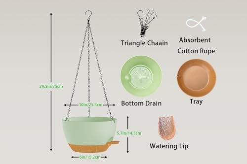 Hanging Planters, 3-Pack 10 Inch Self-Watering Pots with Drainage Holes and Chains, Matte Plastic Planters for Indoor/Outdoor Plant（Green Brown） - Image 2