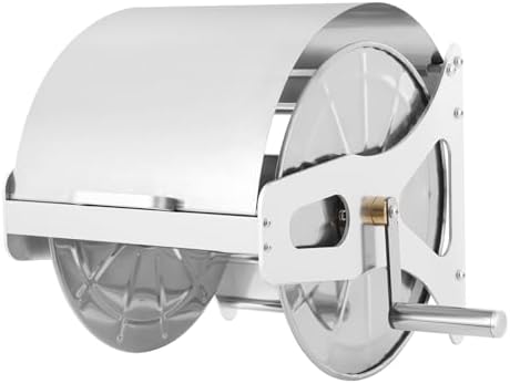 Wall Mount Garden Hose Reel, Heavy Duty Stainless Steel Metal Hose Reel with 360° Rotating Handle & Nozzle, Space-Saving Wall-Mounted Hose Holder for Outdoor Watering, Holds 164ft Hose, Silver by RIAHNEAH