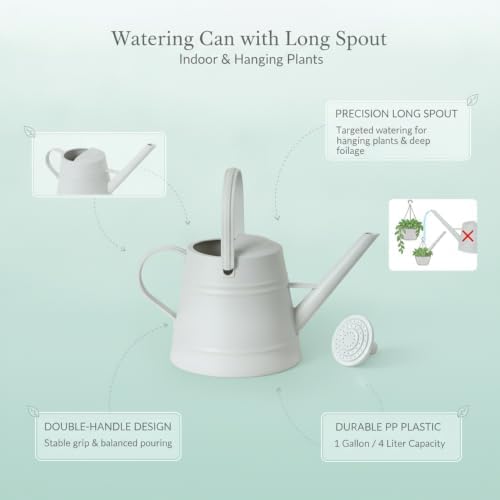 1 Gallon Plastic Watering Can with Long Spout & Dual Handles for Indoor Plants, Hanging Baskets - White, Yellow, Green, Gray - Image 4