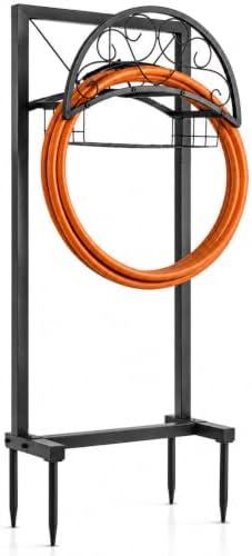 Garden Hose Holder Stand with Storage Basket, Heavy Duty Freestanding Metal Hose Hanger Rack for Outside, Holds Up to 150FT Water Hose, 4 Anchor Spikes, Yard Lawn Garden by Unknown