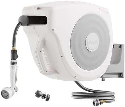 Garden Hose Reel Retractable 1/2" x 130ft Wall Mounted Hose Reel Automatic Rewind, Any Length Lock with 9 Patterns Sprayer Nozzle, Quick Connector and Adjustable shot Nozzle- Cloud White by VegoGarden