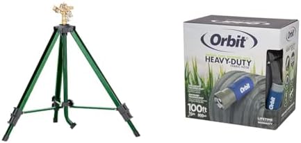 Bundle of Orbit 58308Z Brass Impact Sprinkler on Tripod Base, Green (1) + Orbit 33180 ExoJacket Fabric Garden Hose - Heavy-Duty Water Hose (100-Foot x 5/8-Inch) by Unknown