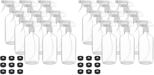 18 Pack Glass Spray Bottles, 16oz Empty Clear Boston Round Bottles Refillable Container with Trigger Sprayer for Cleaning Solutions, Essential Oils, Misting Plants by Suwimut