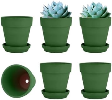 vensovo 4 Inch Small Green Terracotta Plant Pots with Saucer - 6 Pack Clay Flowerpots with Drainage, Great for Indoor Outdoor Plants, Crafts, Wedding Favor by vensovo