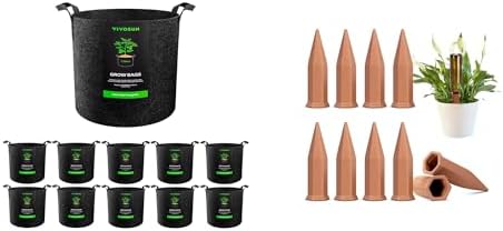 VIVOSUN 10-Pack 3 Gallon Grow Bags and 10Pcs Self-Watering Spikes, Hexagonal Terracotta Watering Stakes, Auto-Water Device, Planter Insert for Indoor & Outdoor Potted Plants, 10-Pack by VIVOSUN