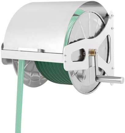 Wall Mount Garden Hose Reel, Heavy Duty Stainless Steel Metal Hose Reel with 360° Rotating Handle & Nozzle, Space-Saving Wall-Mounted Hose Holder for Outdoor Watering, Holds 164ft Hose, Silver - Image 2