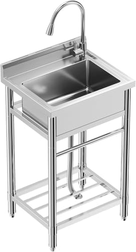 24"x20"x41" Stainless Steel Utility Sink, Freestanding Single Bowl with Hot & Cold Water Faucet, Commercial Kitchen Laundry Bathroom Garage Garden Sink by Unknown