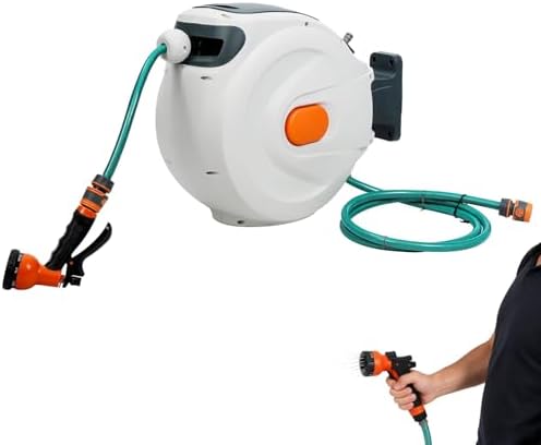 Retractable Garden Hose Reel, Wall Mounted, Automatic Rewind, Slow Retraction System, Any Length Lock, Durable for Car Wash, Garden, Outdoor Use (20m Length) by Unknown