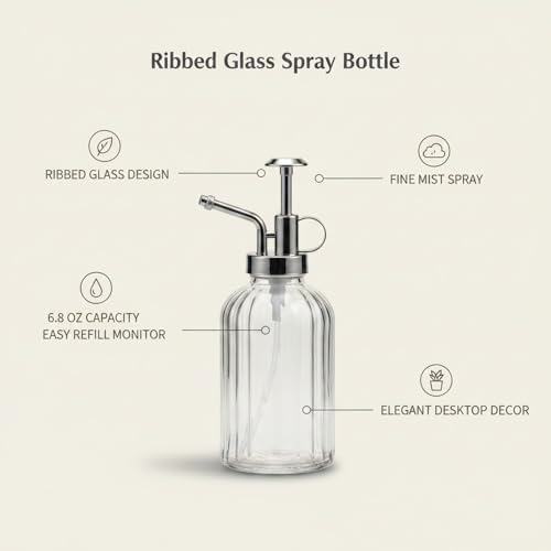 Ribbed Glass Spray Bottle 6.8 oz, Decorative Fine Mist Mister for Plants & Home, Clear Vertical Textured Refillable Dispenser - Image 5