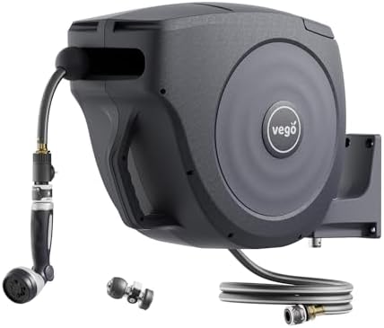 Vego Garden Hose Reel Retractable 1/2" 130ft Wall Mounted Hose Reel Automatic Rewind, Any Length Lock with 9 Patterns Sprayer Nozzle, Quick Connector and Adjustable shot Nozzle-Tidepool Blue by VegoGarden