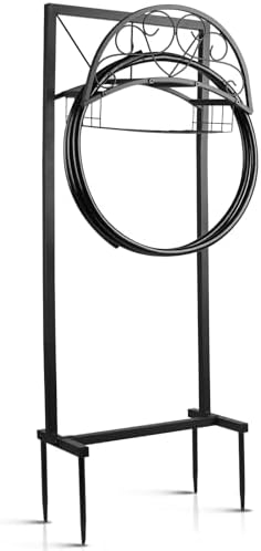 Garden Hose Holder Stand with Storage Basket, Heavy Duty Freestanding Hose Holder for Outside, Holds Up to 150FT Water Hose, Metal Hose Hanger Rack with 4 Anchor Spikes for Yard Lawn Garden by CooFel