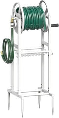 Freestanding Garden Hose Reel holds 125ft Hose of 5/8" with 4 Hooks, 4-Spike Outdoor Hose Holder with 3.9ft Leader Hose & Brass Fitting, Detachable Metal Hose Stand with Storage Rack, White by Mokeyder