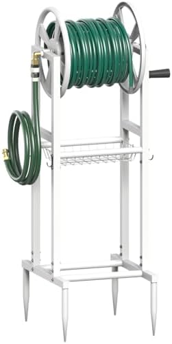Freestanding Garden Hose Reel holds 125ft Hose of 5/8" with 4 Hooks, 4-Spike Outdoor Hose Holder with 3.9ft Leader Hose & Brass Fitting, Detachable Metal Hose Stand with Storage Rack, White by Mokeyder