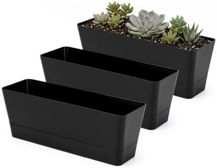GREANER Black Rectangle Window Boxes, 3 Pack 12x3.8 Inch Herb Planters with Tray, Indoor Succulent Cactus Mint Plastic Pot for Windowsill, Garden Balcony, Office Outdoor Decoration by GREANER