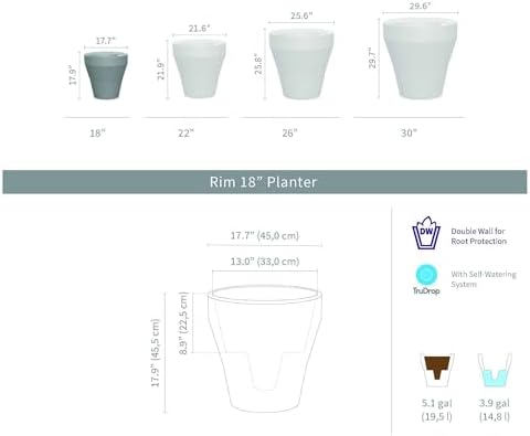 Crescent Garden TruDrop Rim Modern Self Watering Planter with Water Level Indicator, Indoor/Outdoor Weather-Safe Round Plant Pot, Grow Healthy Plants & Flowers - 18" W (Bark) - Image 2