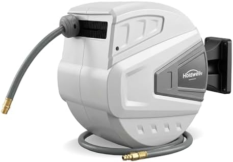 Retractable Air Hose Reel, 3/8" x 80FT Hubrid Air Hose, 300PSI Max, Auto-Rewind & Length-Lock, Ceiling/Wall Mount Enclosed PP Reel with 180° Swivel Bracket for Workshop/Garage by HoldwellS