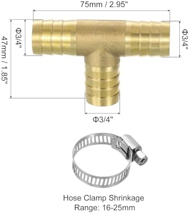 uxcell 5pcs Brass Tee Barb Fittings, 3-Ways Tee 3/4" x 3/4" x 3/4" Barbed Hose Reducer, Tee Brass Barb Fitting Reducer with 15pcs Hose Clamps for Water Fuel Air - Image 2