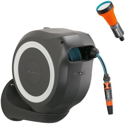 Gardena Wall-Mounted Hose Box RollUp M 20 m: Flexible watering for medium-sized gardens, swivel hose reel, with wall bracket, system parts and nozzle, including 20 m Gardena hose (18612-60) by Unknown