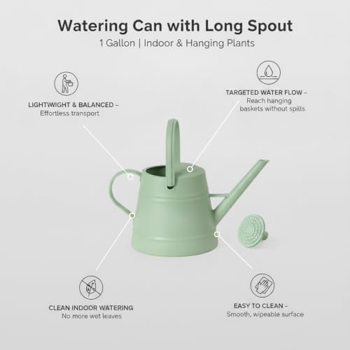 1 Gallon Plastic Watering Can with Long Spout & Dual Handles for Indoor Plants, Hanging Baskets - White, Yellow, Green, Gray - Image 5