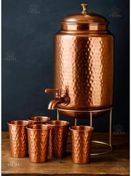 Pure Copper Hammered Water Dispenser Storage Water Tank withTap and set of 4 Copper Glass and Stand | Water Pot | Cooper Water Storage Tank | 6.5 Ltr Capacity | 218 Oz - Image 4