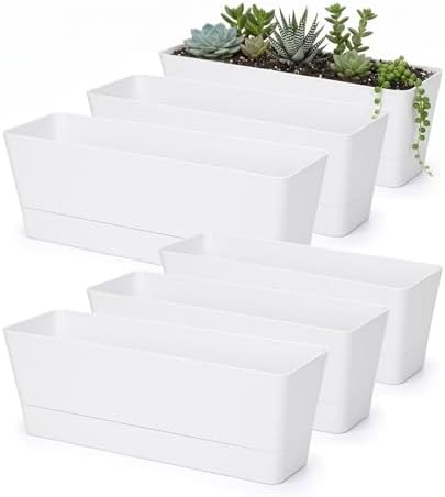 GREANER 12x3.8 Inch Herb Planters, 6 Pack White Rectangle Window Boxes with Tray, Indoor Succulent Cactus Mint Plastic Pot with Saucer for Windowsill, Balcony, Office, Outdoor Garden by GREANER