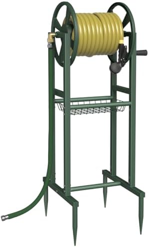 Garbuildman Ground Mount Garden Hose Reel Holds 125 Feet of 5/8-Inch with 3.9 ft Leader Hose, Brass Fitting, Water Hose Holder Stand with Storage Rack & 4 Spikes Base for Outdoor Lawn, Green by Garbuildman