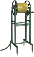 Garbuildman Ground Mount Garden Hose Reel Holds 125 Feet of 5/8-Inch with 3.9 ft Leader Hose, Brass Fitting, Water Hose Holder Stand with Storage Rack & 4 Spikes Base for Outdoor Lawn, Green by Garbuildman