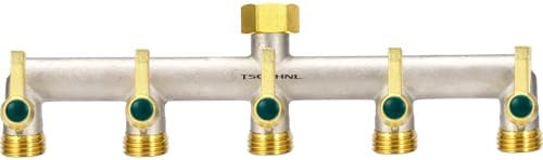 Heavy Duty Brass Garden Hose Splitter, 5-Way Faucet Splitter with 5 Extended Metal Handles, Outdoor Hose Splitter, GHT 3/4-Inch Heavy Duty Hex Female Inlet and 3/4-Inch Male Outlet, Nickel Plated by TSGOHNL