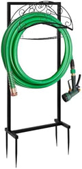 Freestanding Garden Hose Holder with Storage Basket, Black by Focusonoutdoorproducts