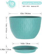 WSMKSZ 12 Inch Large Plant Pots for Indoor or Outdoor Plants, Wide Water Ripples Flower Pots with Drainage Holes & Saucer, Plastic Planters Set for Garden & Home Decor (Blue Green) - Image 2