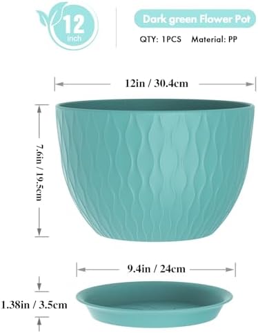 WSMKSZ 12 Inch Large Plant Pots for Indoor or Outdoor Plants, Wide Water Ripples Flower Pots with Drainage Holes & Saucer, Plastic Planters Set for Garden & Home Decor (Blue Green) - Image 2