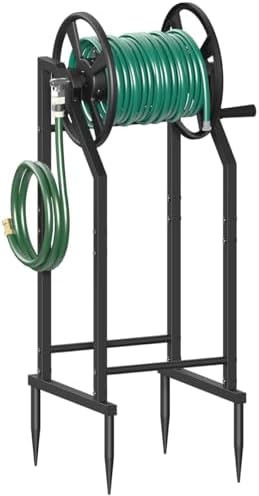 4-Spike Garden Hose Reel with 3.9ft Leader Hose & Stainless Fitting, Outdoor Hose Holder holds 125ft Hose of 5/8", Freestanding Metal Hose Stand for Outside Yard Lawn, Black by Mokeyder