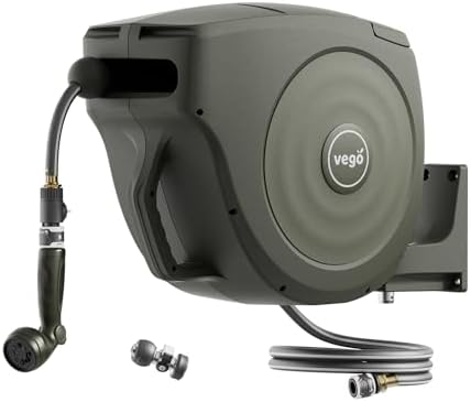 Vego Garden Hose Reel Retractable 1/2" 130ft Wall Mounted Hose Reel Automatic Rewind, Any Length Lock with 9 Patterns Sprayer Nozzle, Quick Connector and Adjustable shot Nozzle -Seaweed Green by VegoGarden