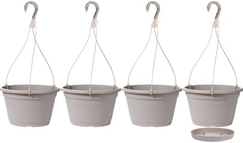 4 Pcs Hanging Planters,10" Hanging Pots Plastic Hanging Flower Plant Basket with Drainage Trays & Chain Holder for Outdoor Indoor Plants Garden Balcony Decoration, Light Gray by VIDELLY