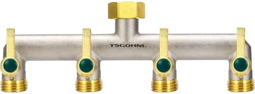 Brass Garden Faucet Splitter, 4-Way Hose Splitter with 4 Extended Metal Handles, Outdoor Hose Divider, Heavy Duty Nickel Plated, GHT 3/4-Inch Heavy Duty Hex Female Inlet and 3/4-Inch Male Outlet by TSGOHNL