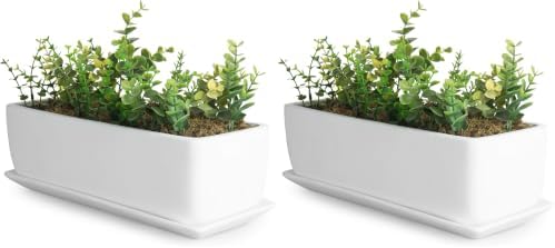 MyGift 14 Inch Ceramic Indoor Plant Pot with Drainage Hole, Rectangular Succulent Planter Window Box with Removable Saucer, Unglazed White (Pack of 2) by MyGiftHome