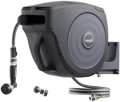 Vego Garden Hose Reel Retractable 1/2" x 100ft Wall Mounted Hose Reel Automatic Rewind, Any Length Lock with 9 Patterns Sprayer Nozzle, Quick Connector and Adjustable shot Nozzle by VegoGarden