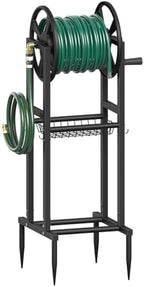 Freestanding Garden Hose Reel holds 125ft Hose of 5/8" with 4 Hooks, 4-Spike Outdoor Hose Holder with 3.9ft Leader Hose & Brass Fitting, Detachable Metal Hose Stand with Storage Rack, Black by Mokeyder