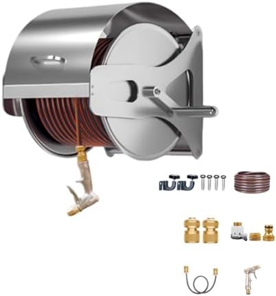 Heavy Duty Stainless Steel Hose Reel for Outside, Wall & Floor Mounted Metal Garden Water Pipe Cart with Multi-Pattern Spray Gun Nozzle, Max Capacity 165FT/50M(30M/100FT) by Unknown